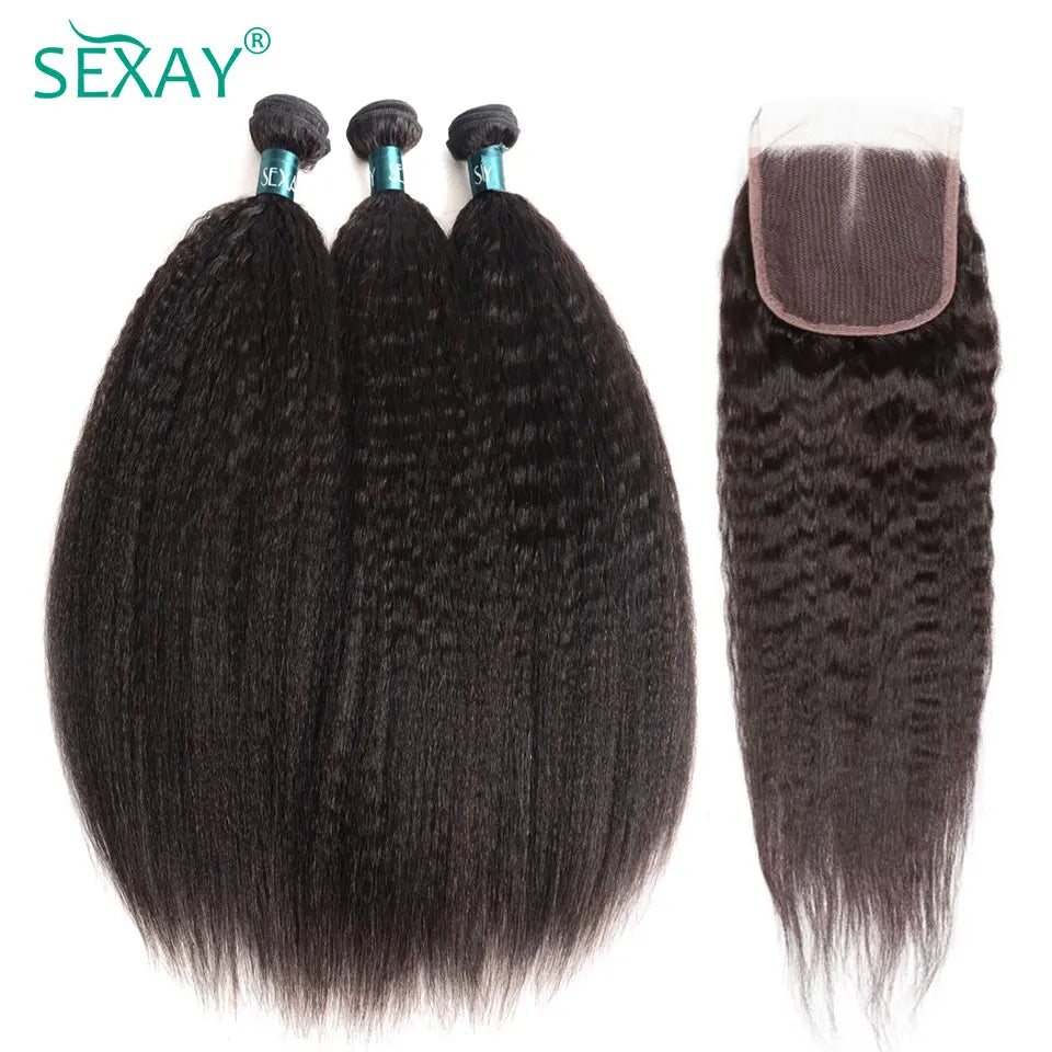 Kinky Straight Bundles With Closure Free Part Brazilian Yaki Human Hair With HD Transparent Lace Frontal