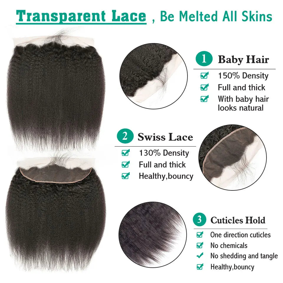 Kinky Straight Bundles With Closure Free Part Brazilian Yaki Human Hair With HD Transparent Lace Frontal