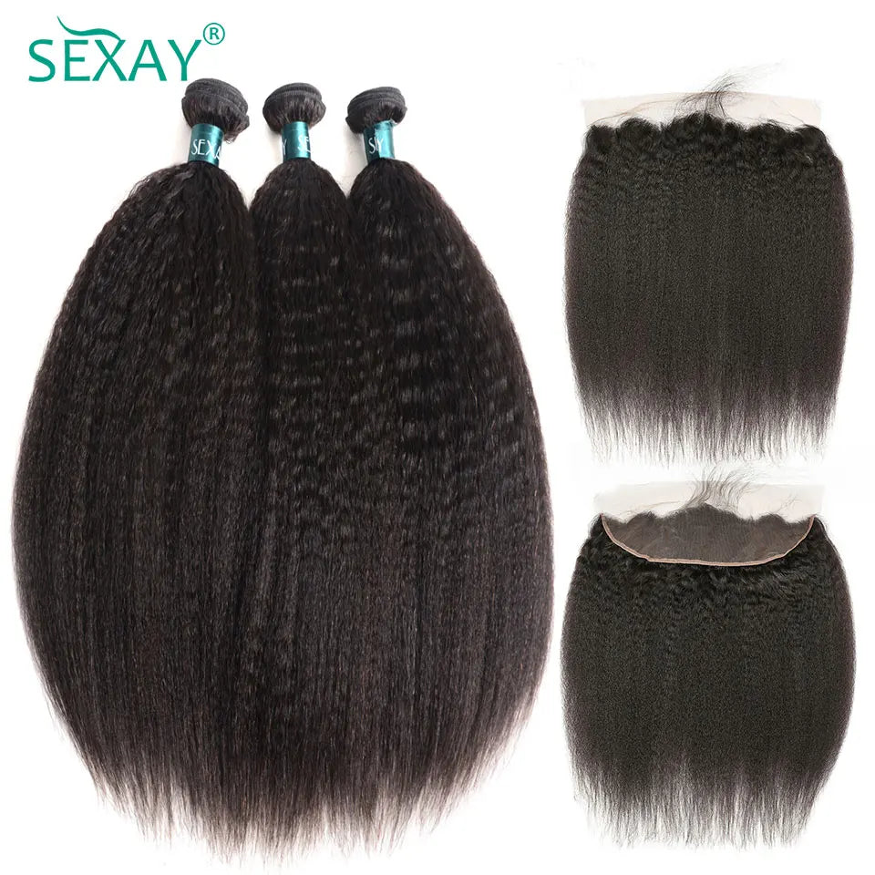 Kinky Straight Bundles With Closure Free Part Brazilian Yaki Human Hair With HD Transparent Lace Frontal
