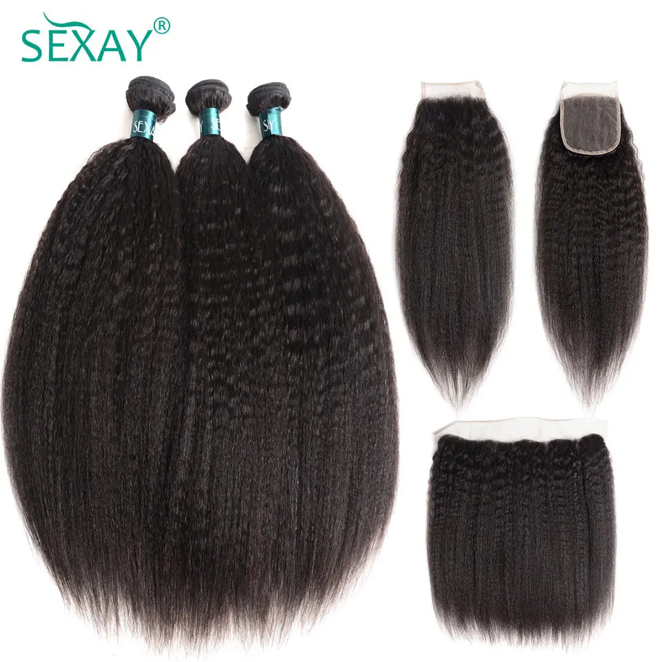 Kinky Straight Bundles With Closure Free Part Brazilian Yaki Human Hair With HD Transparent Lace Frontal