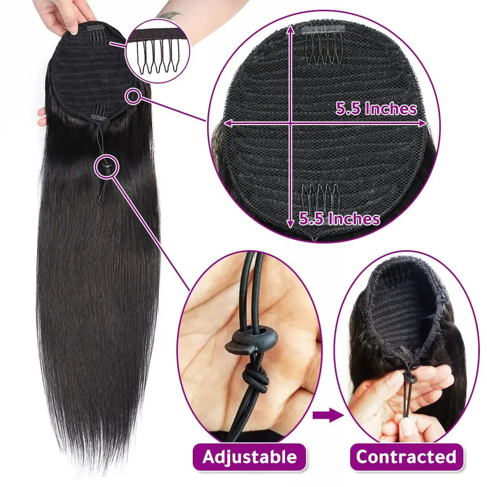Ponytail Human Hair Extensions With Clip 10"-26"