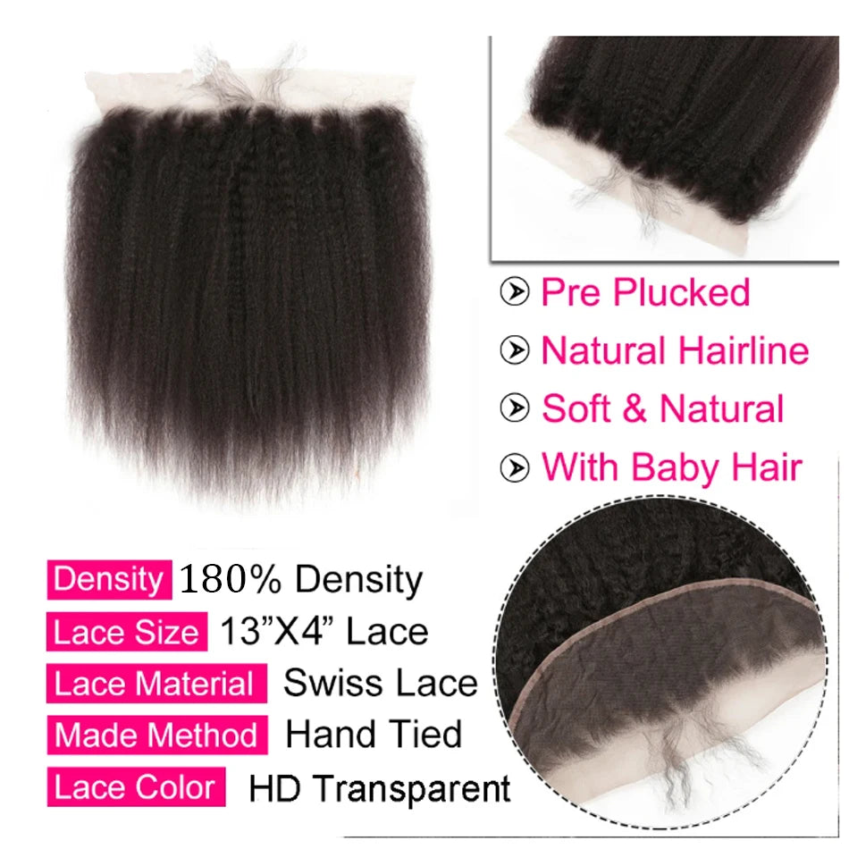 Kinky Yaki Straight Human Hair Bundles With Closure Frontal HD Transparent Brazilian Deep Curly