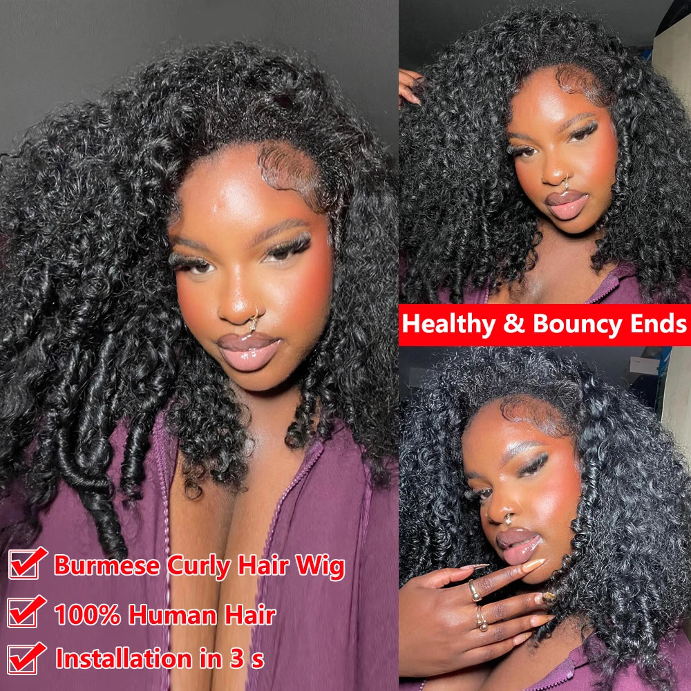 Half Wig Burmese Curly Glueless Human Hair Wigs With Drawstring