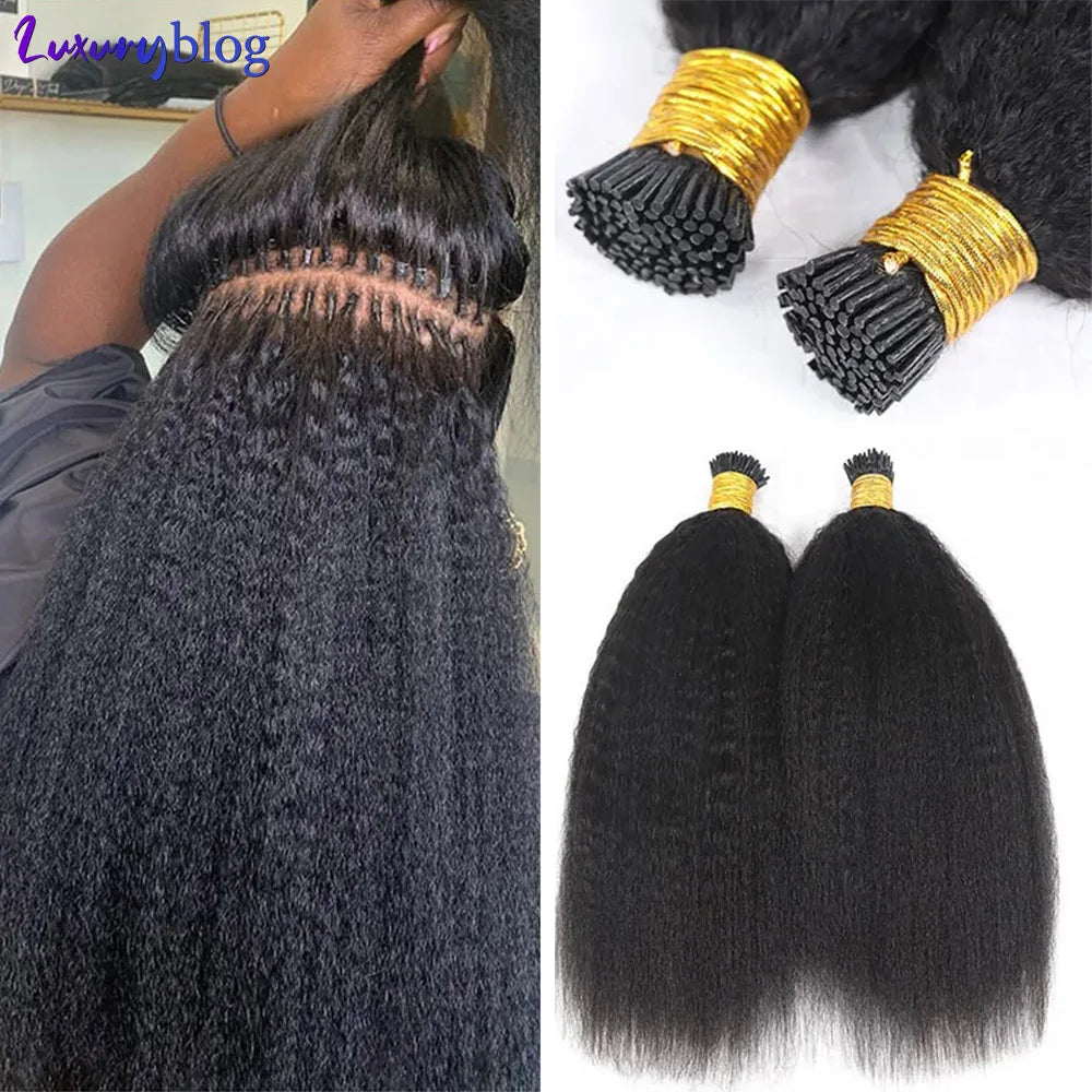 Kinky Straight I Tip Microlink Human Hair Extensions Yaki Virgin Hair
