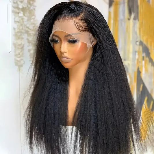 26inch Soft Kinky Straight Wig Black Yaki Lace Front With Baby Hair Synthetic Wig