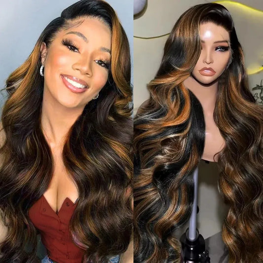 Balayage Brown Highlight 13x6 Hd Lace Frontal Wig Human Hair 30 Inch Pre Plucked Pre Cut Pre 220% Density 1b30