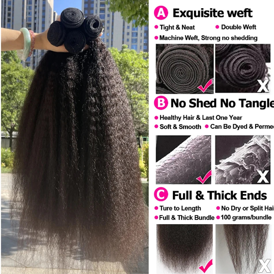 Kinky Yaki Straight Human Hair Bundles With Closure Frontal HD Transparent Brazilian Deep Curly