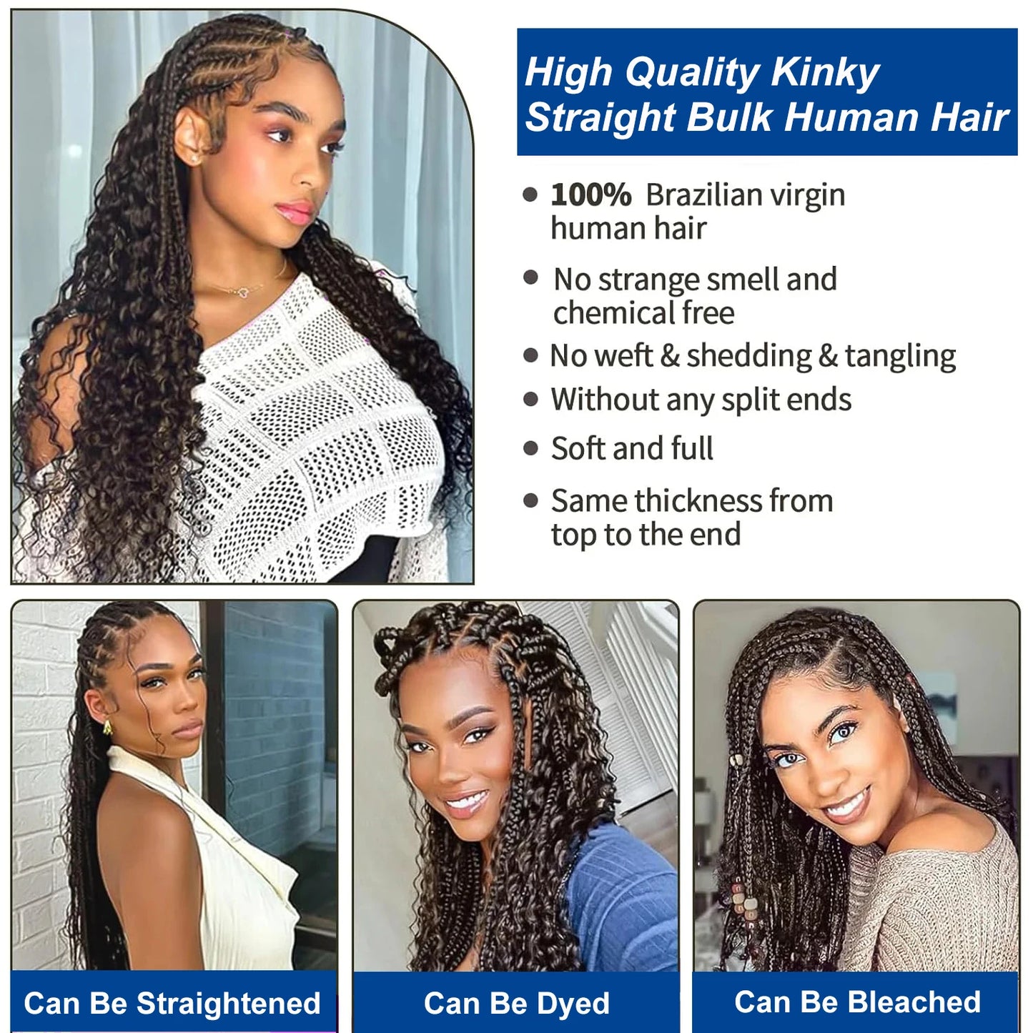 Kinky Straight Human Braiding Hair Bundles No Weft Yaki Straight