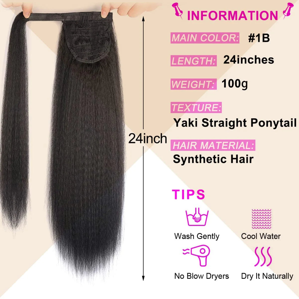 Synthetic Long Kinky Straight Ponytail Extension for 24 Inch Clip in