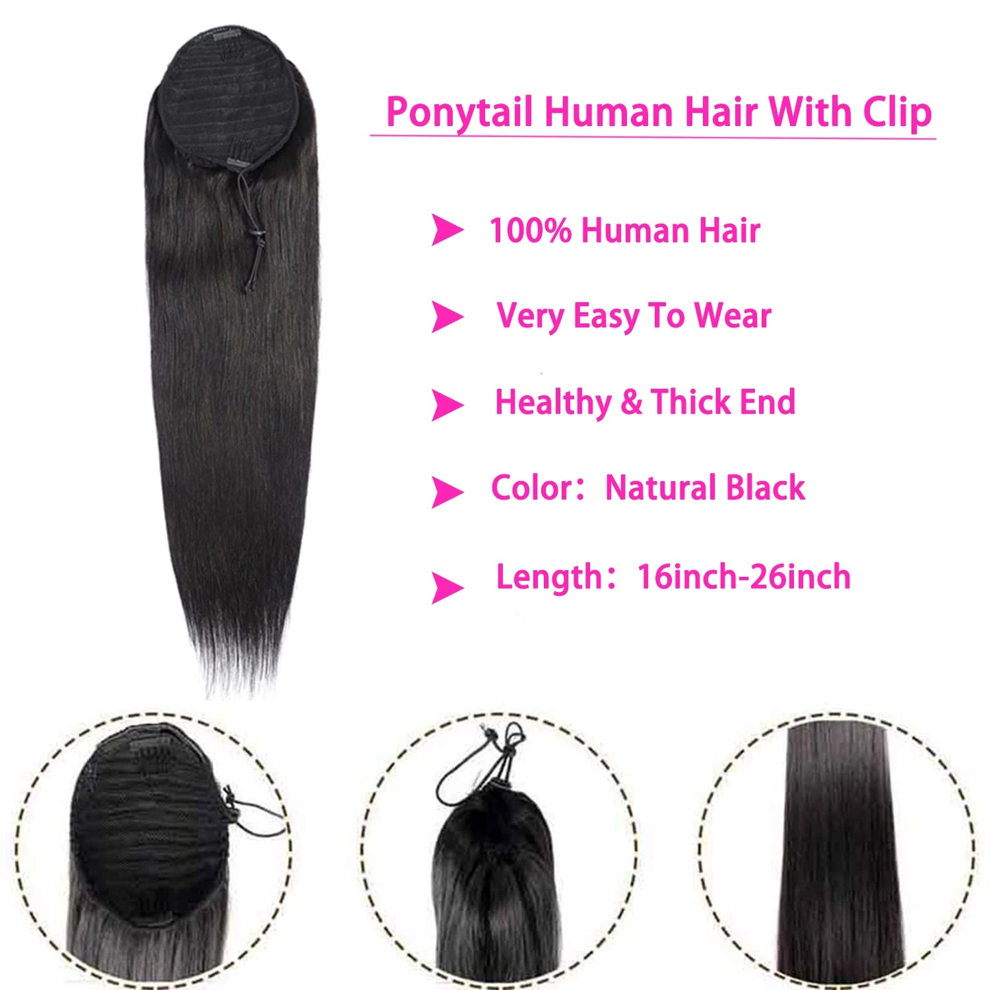 Ponytail Human Hair Extensions With Clip 10"-26"