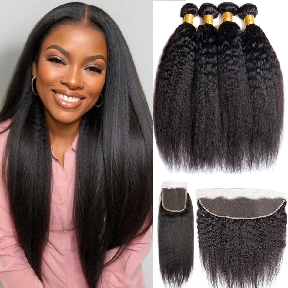 Kinky Yaki Straight Human Hair Bundles With Closure Frontal HD Transparent Brazilian Deep Curly