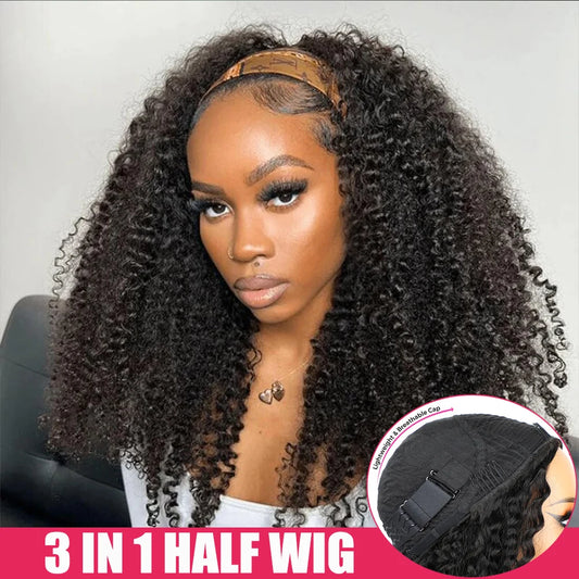 Kinky Curly 3 in 1 Half Wig Human Hair 250% Density Glueless Wear & Go No Lace Flip Over Half Wig Beginner Friendly Clip In Wigs