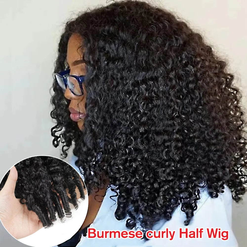 Half Wig Burmese Curly Glueless Human Hair Wigs With Drawstring