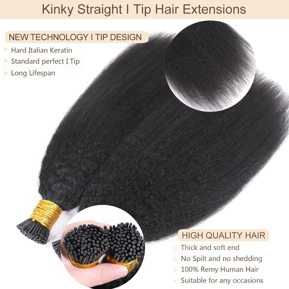 Kinky Straight I Tip Microlink Human Hair Extensions Yaki Virgin Hair