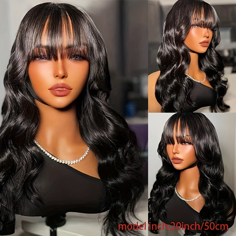 16 Inches 180% Density Body Wave Brazilian Virgin Hair Wigs with Bangs - Rose Net Cap, Machine Made, Natural Color, Soft and Silky Texture