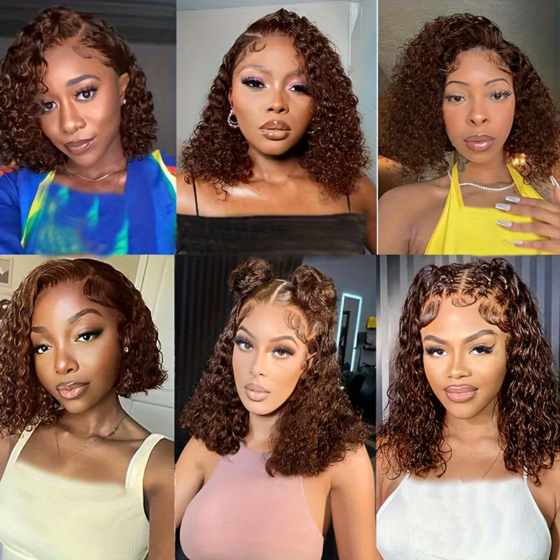 Reddish Brown Short Bob Curly Wigs Human Hair 4X4 Hd Transparent Lace Closure Wig Pre Plucked With Baby Hair