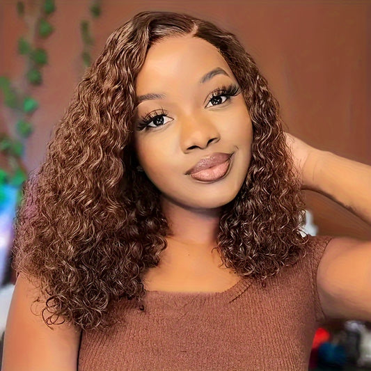 Reddish Brown Short Bob Curly Wigs Human Hair 4X4 Hd Transparent Lace Closure Wig Pre Plucked With Baby Hair