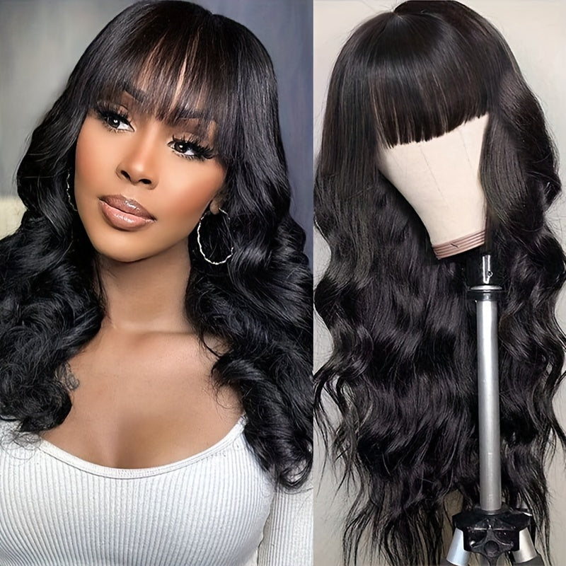 16 Inches 180% Density Body Wave Brazilian Virgin Hair Wigs with Bangs - Rose Net Cap, Machine Made, Natural Color, Soft and Silky Texture