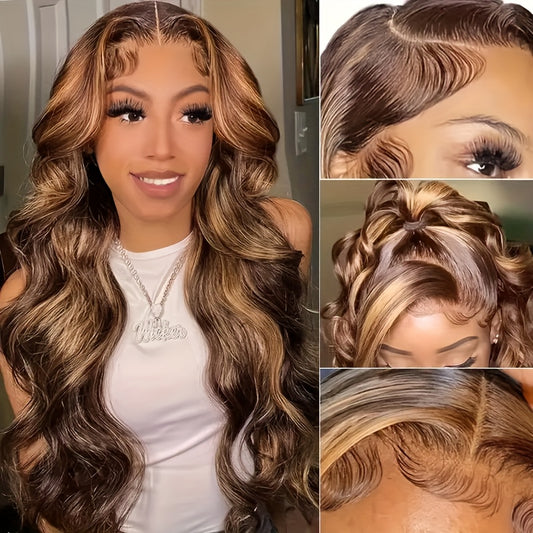 P4/27 Honey Blonde Body Wave 4x4 HD Transparent Lace Frontal Wigs With Baby Hair 180 Density Brazilian Human Hair