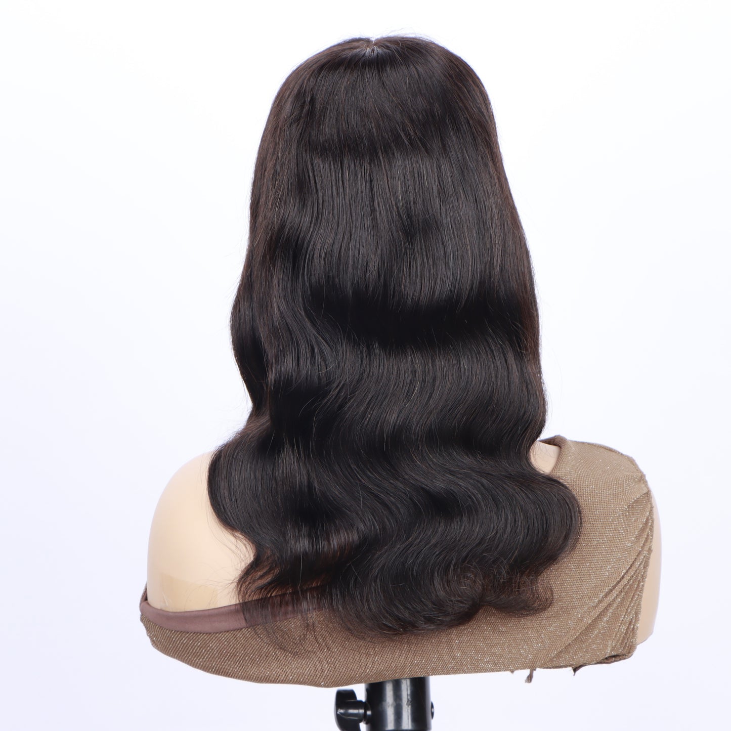 16 Inches 180% Density Body Wave Brazilian Virgin Hair Wigs with Bangs - Rose Net Cap, Machine Made, Natural Color, Soft and Silky Texture